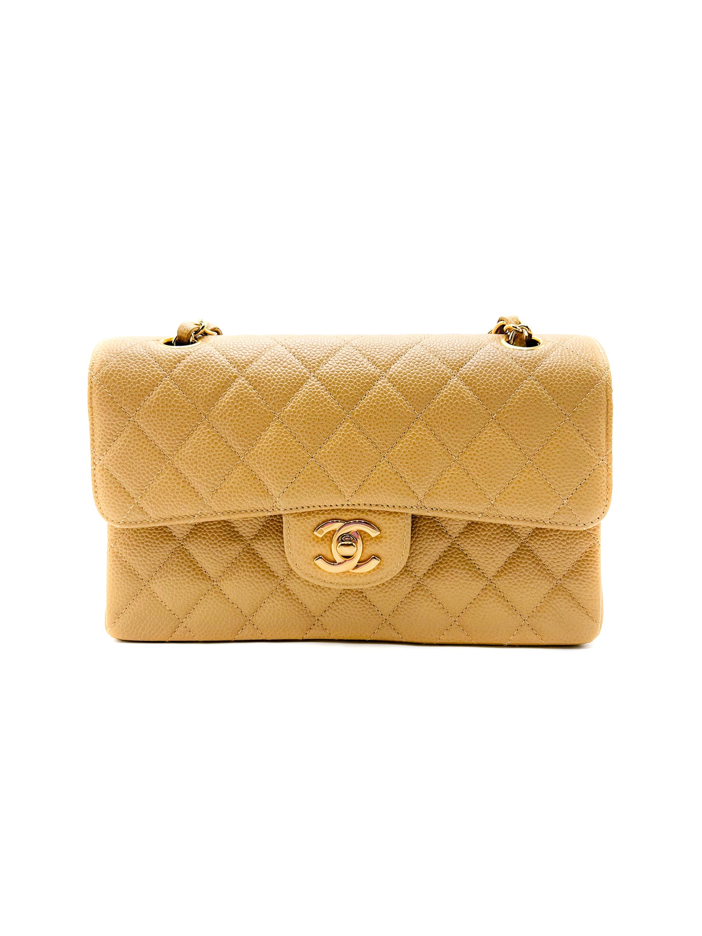 Chanel Beige Quilted Caviar Small Classic Double Flap Gold Hardware