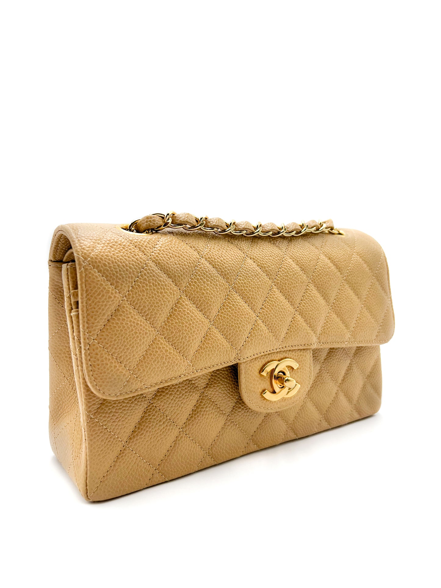 Chanel Beige Quilted Caviar Small Classic Double Flap Gold Hardware