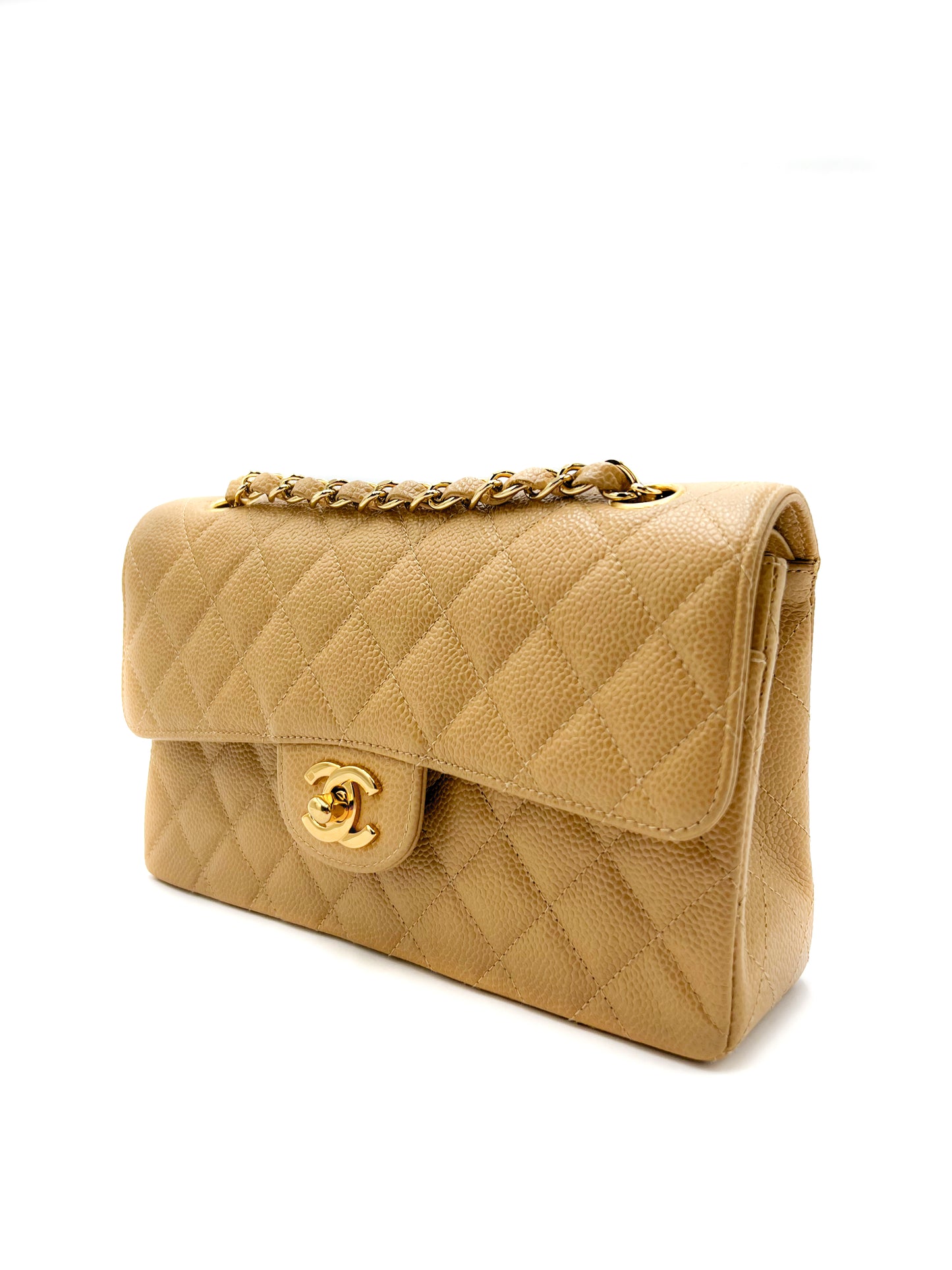 Chanel Beige Quilted Caviar Small Classic Double Flap Gold Hardware
