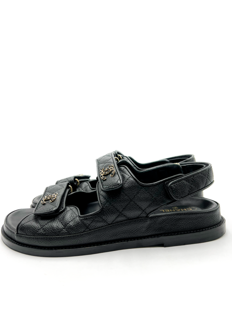 Chanel Black Interlocking CC Logo Leather Dad Sandals