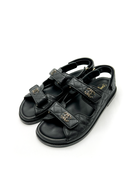 Chanel Black Interlocking CC Logo Leather Dad Sandals