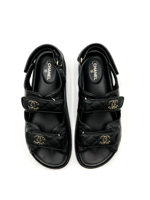 Chanel Black Interlocking CC Logo Leather Dad Sandals