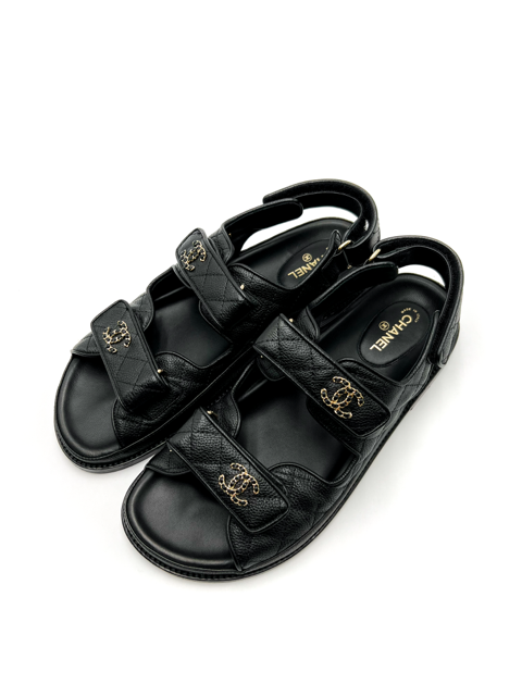 Chanel Black Interlocking CC Logo Leather Dad Sandals