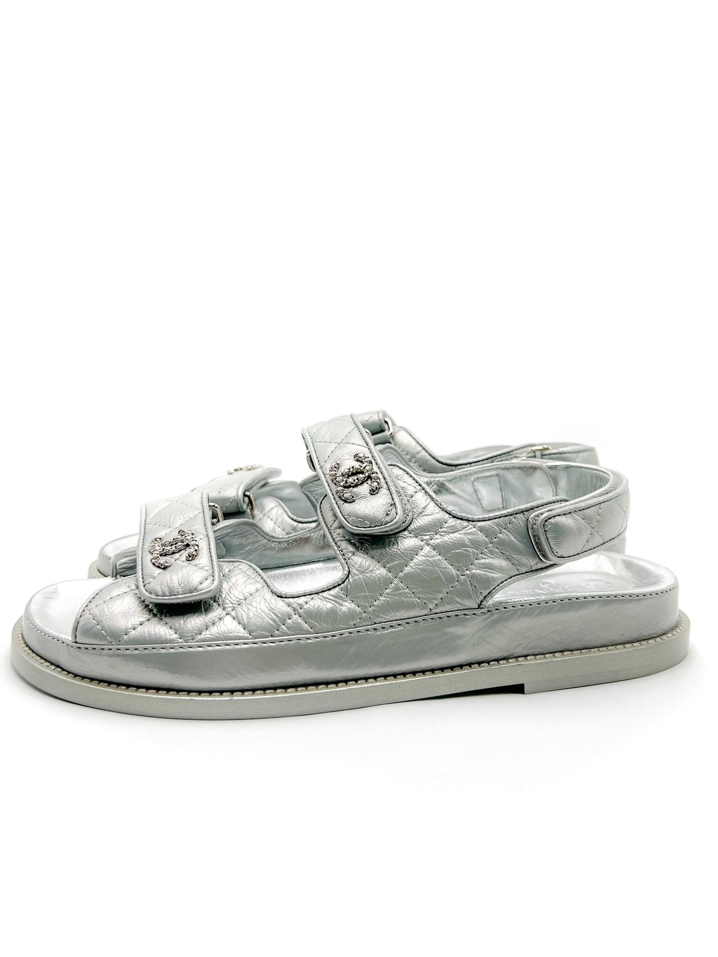 Chanel Silver Interlocking CC Logo Leather Dad Sandals