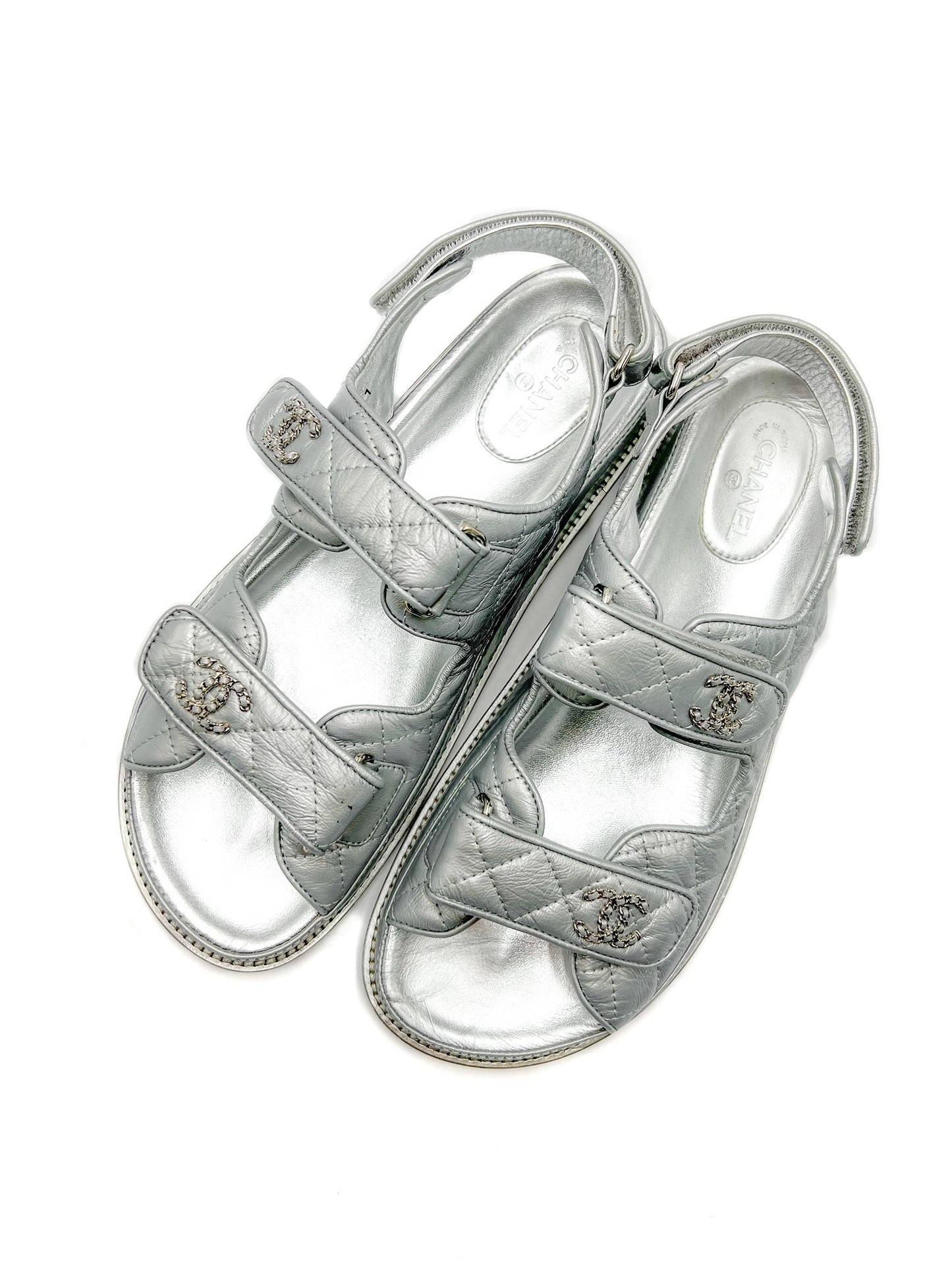 Chanel Silver Interlocking CC Logo Leather Dad Sandals