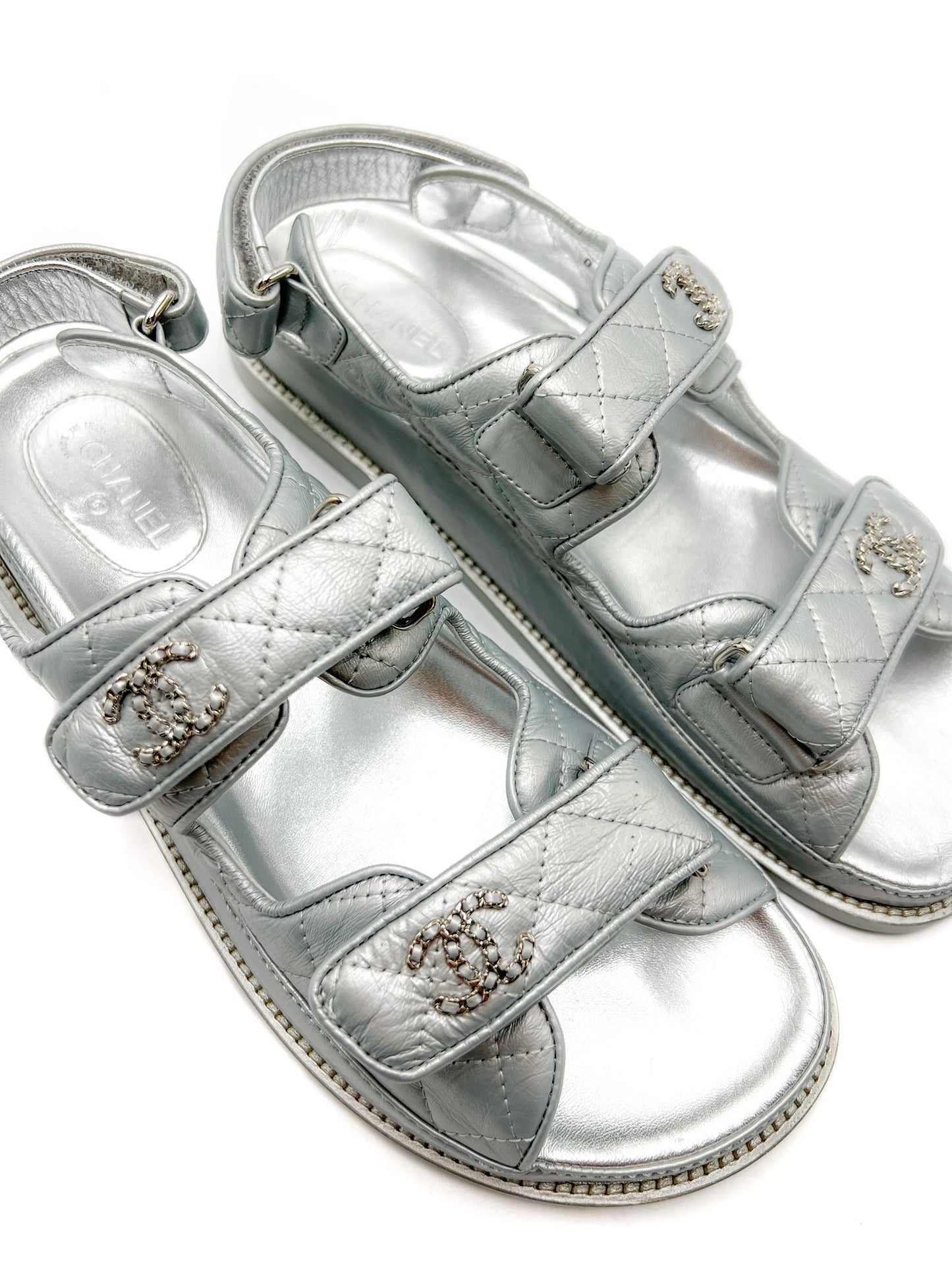 Chanel Silver Interlocking CC Logo Leather Dad Sandals