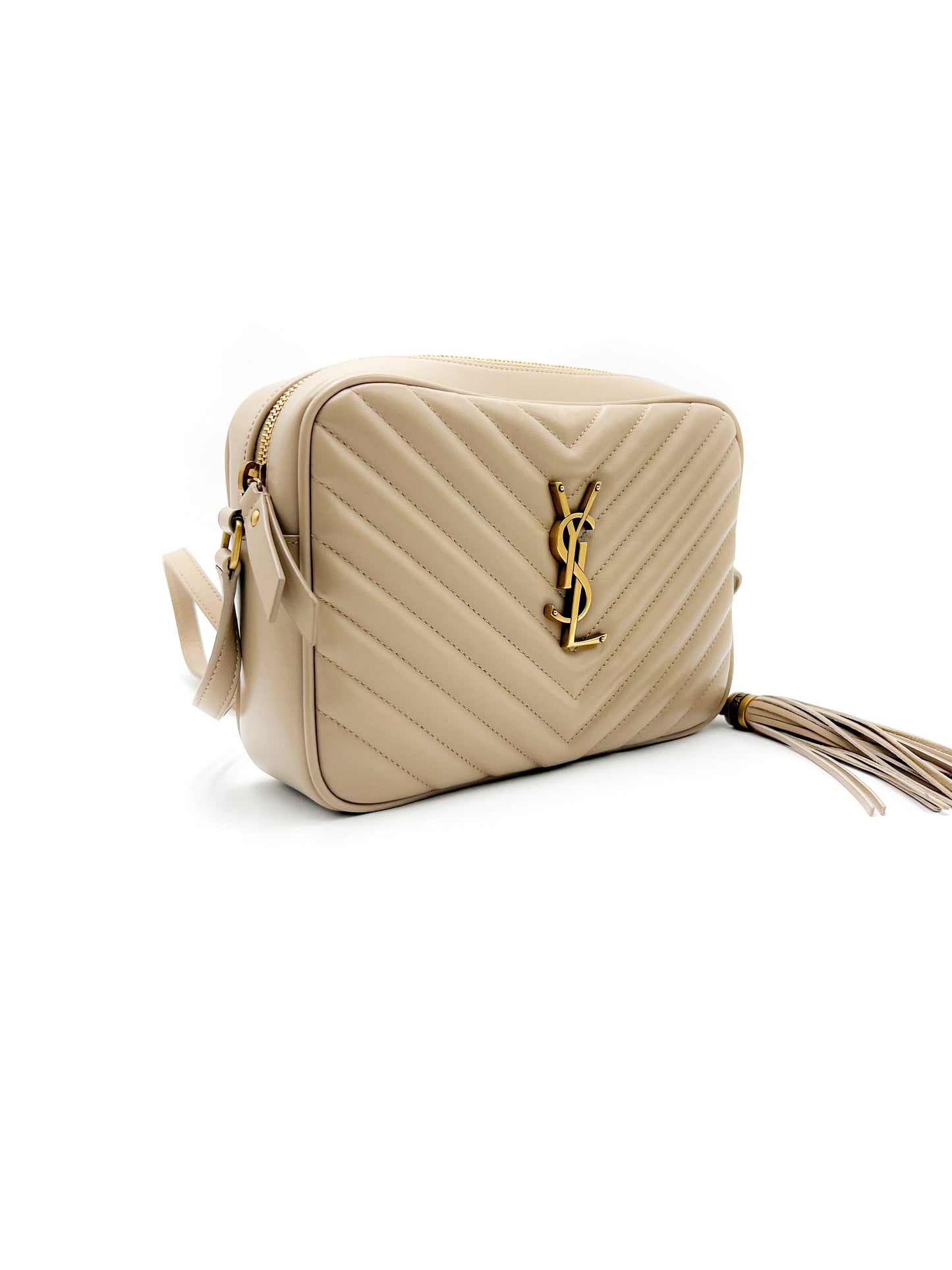 Saint Laurent YSL Lou Camera Bag in Quilted Leather Beige with Gold Hardware
