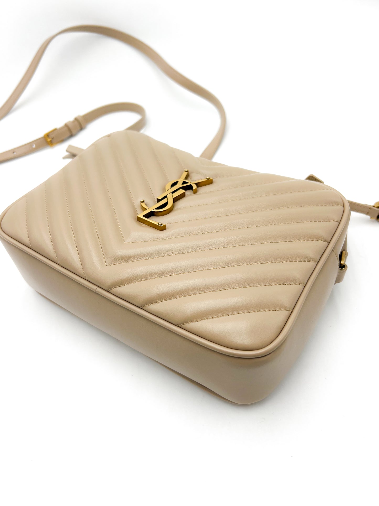 Saint Laurent YSL Lou Camera Bag in Quilted Leather Beige with Gold Hardware
