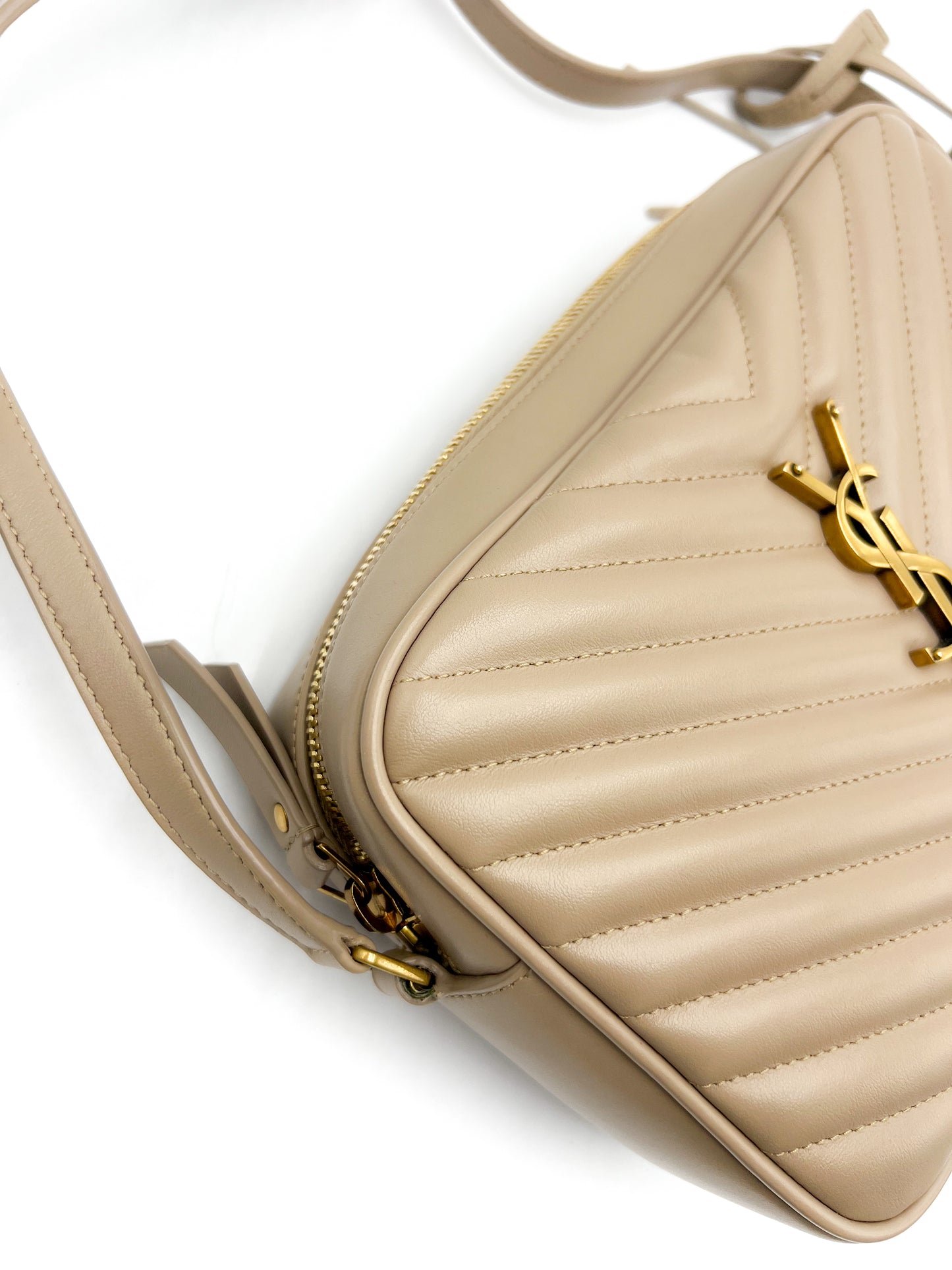 Saint Laurent YSL Lou Camera Bag in Quilted Leather Beige with Gold Hardware