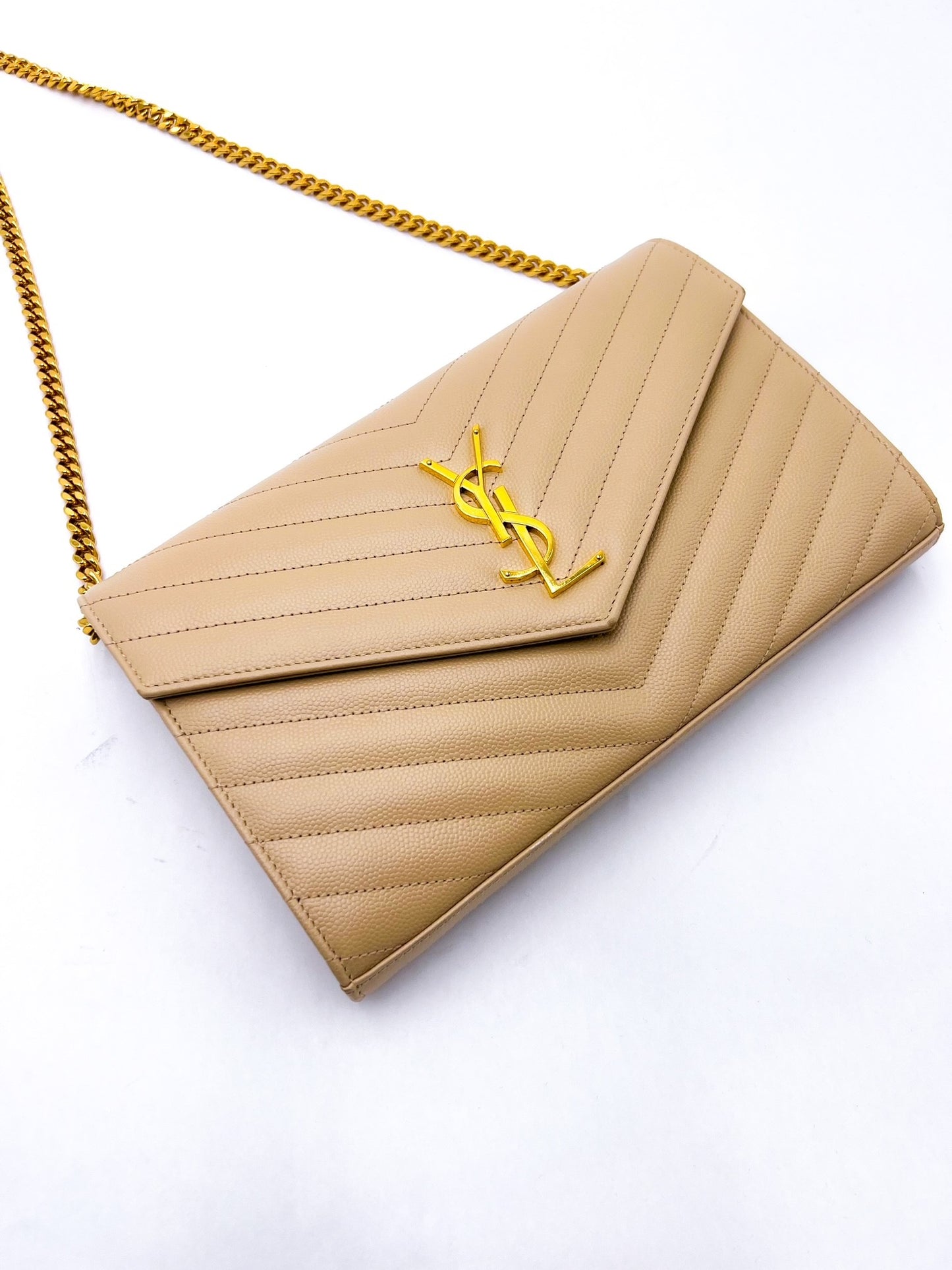 Saint Laurent Cassandre Wallet on Chain Beige
