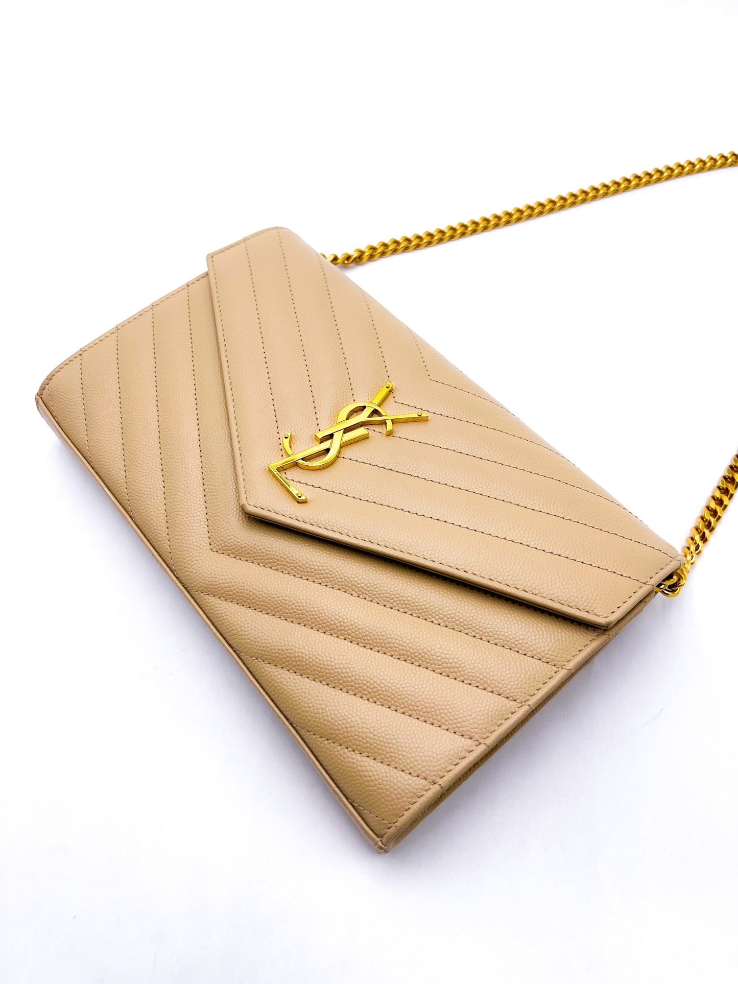 Saint Laurent Cassandre Wallet on Chain Beige