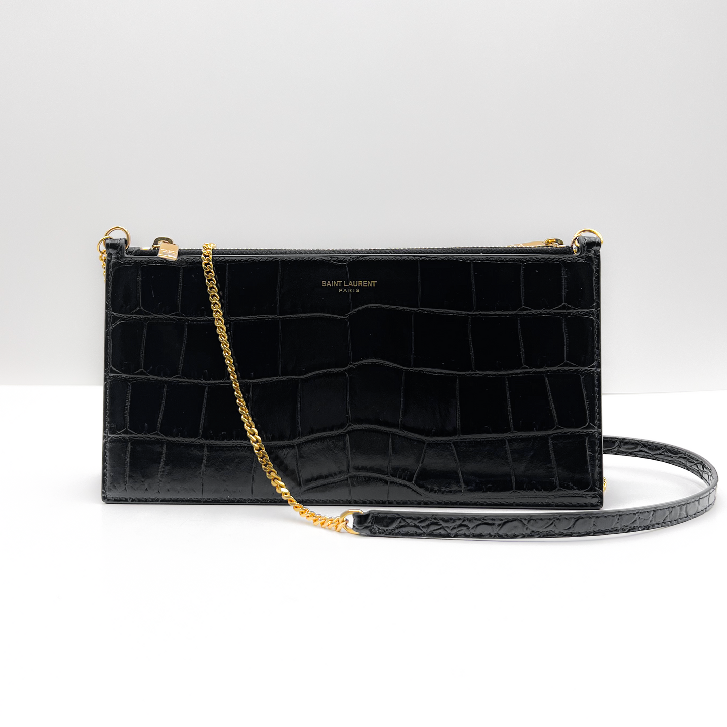 Saint Laurent Black Croc Embossed Small Double Detachable Pouch Crossbody