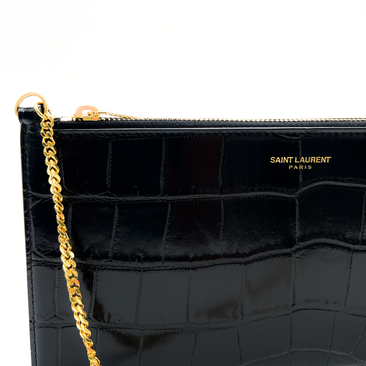 Saint Laurent Black Croc Embossed Small Double Detachable Pouch Crossbody