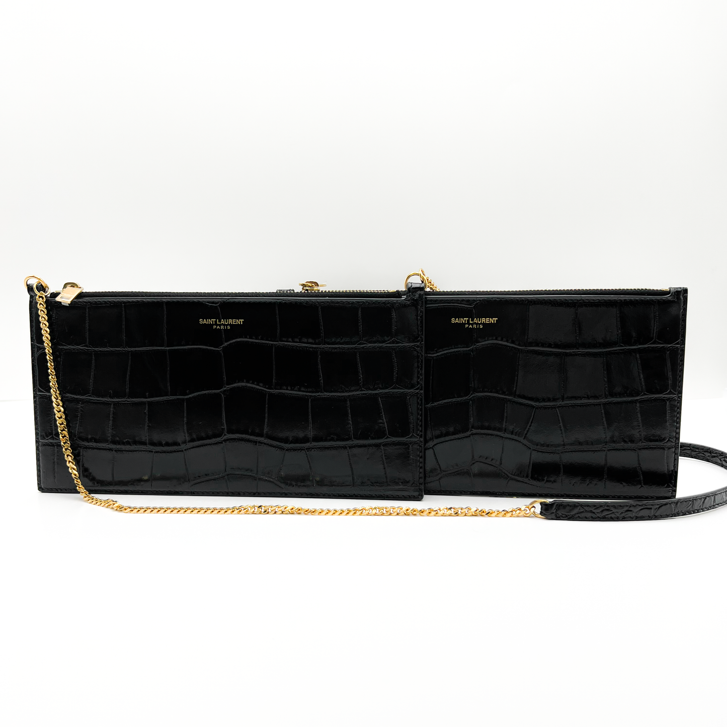 Saint Laurent Black Croc Embossed Small Double Detachable Pouch Crossbody