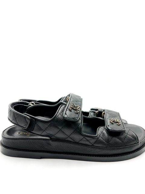 Chanel Black Interlocking CC Logo Leather Dad Sandals