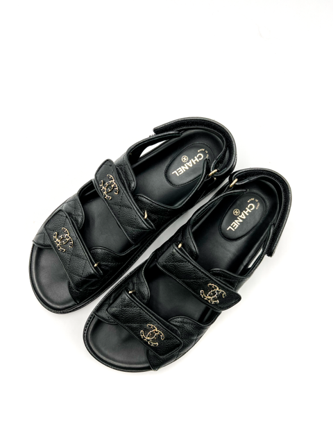 Chanel Black Interlocking CC Logo Leather Dad Sandals