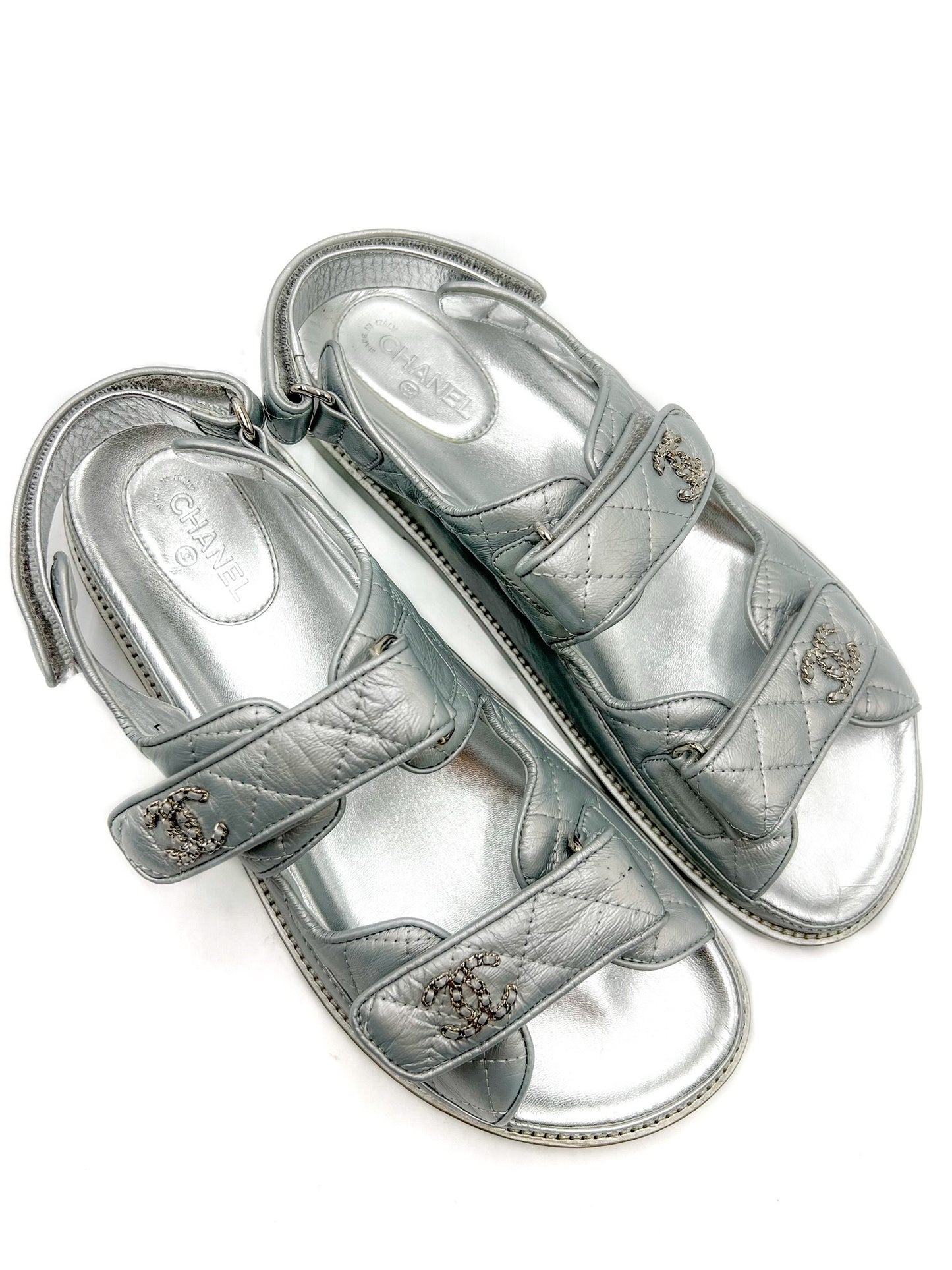 Chanel Silver Interlocking CC Logo Leather Dad Sandals