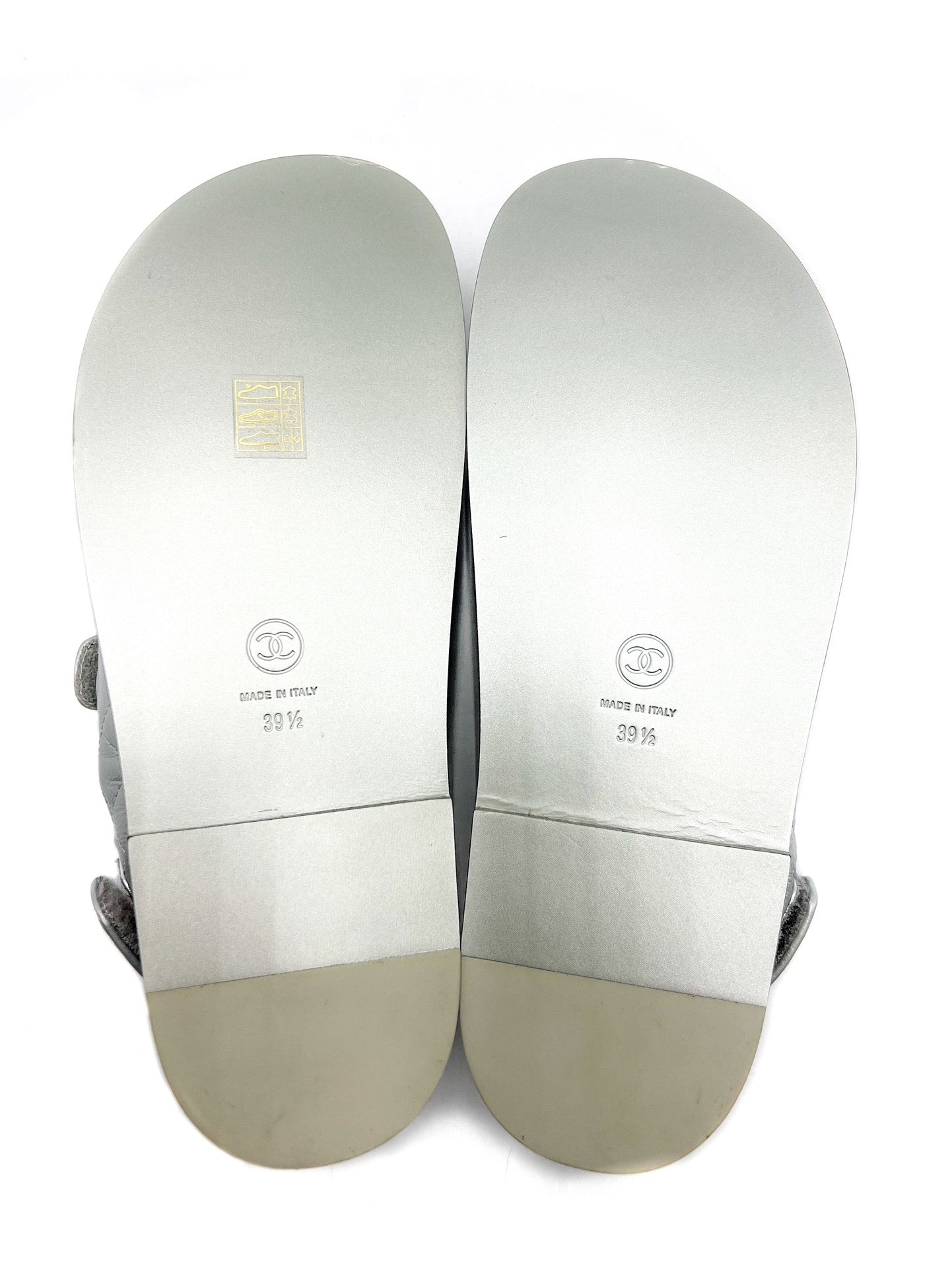 Chanel Silver Interlocking CC Logo Leather Dad Sandals