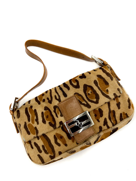 Fendi Leopard Calf Hair Baguette Shoulder Bag Vintage